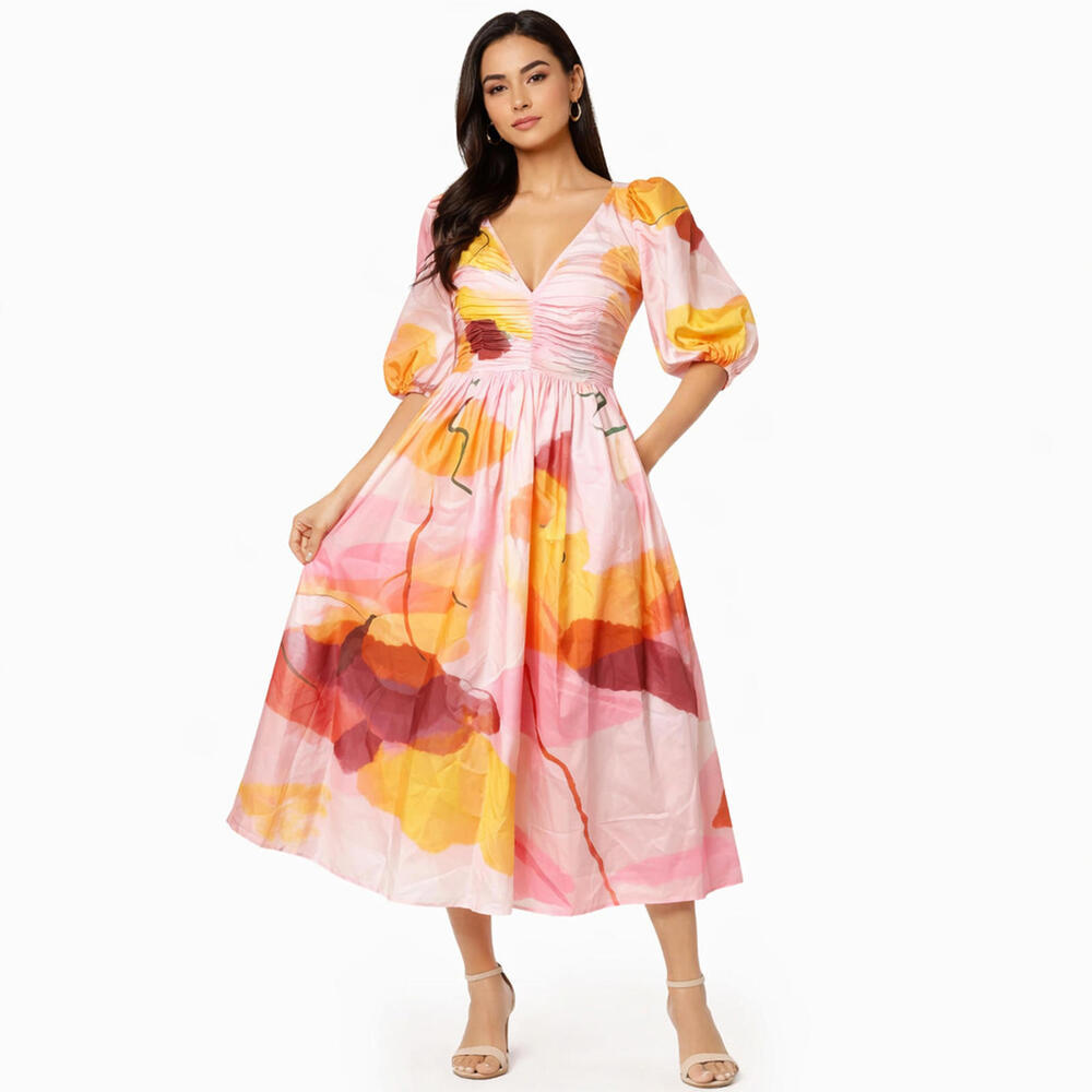 Jessie Zhao Pinkmagination Taffeta Midi Dress Pink Abstract Puff Sleeve Size 8